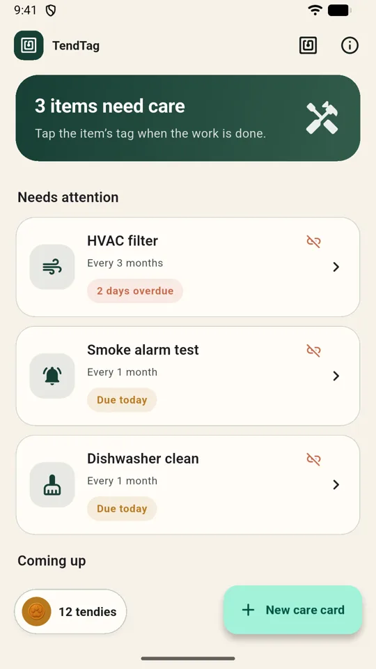 TendTag overview of upcoming, due and overdue care cards