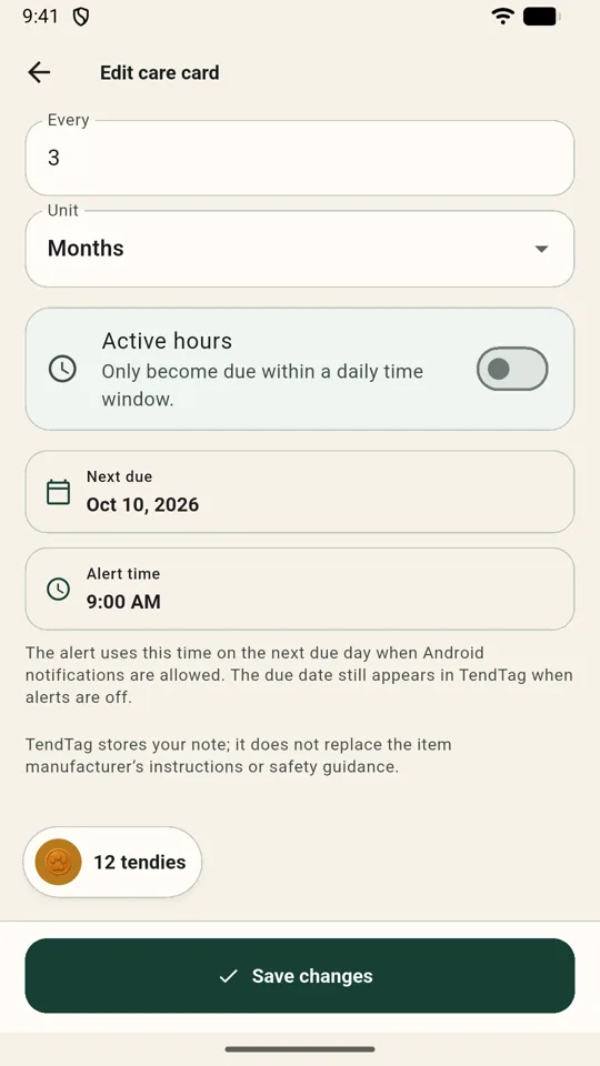 Editing a care card schedule in TendTag